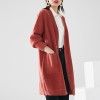 晚白2021春新品简约纯色通勤常规百搭毛衫中长款针织衫双排扣外套女