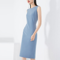 晚白2021春夏新品圆领修身显瘦纯色高腰包臀裙背心裙无袖连衣裙女