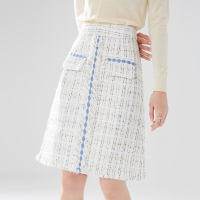 晚白2021春季新品修身显瘦格子小香风高腰A字流苏边毛呢半身裙女