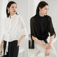 晚白2021春夏新品时尚休闲宽松纯色立领蝙蝠袖系带外搭衬衫衬衣女