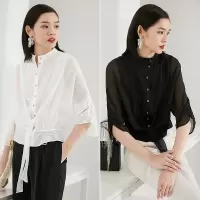 晚白2021春夏新品时尚休闲宽松纯色立领蝙蝠袖系带外搭衬衫衬衣女