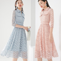 晚白2021春季新品名媛淑女翻领钉珠收腰简约A字蕾丝裙连衣裙女