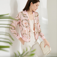 晚白2021春季新品淑女印花简约休闲拉链棒球服碎花衬衫夹克外套女