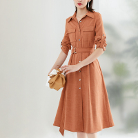 晚白2021春季新品简约纯色翻领修身高腰A字通勤衬衫裙连衣裙女