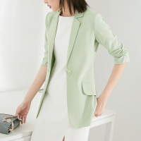 晚白2021春季新品通勤简约纯色百搭抽褶袖修身常规小西装外套女