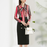 晚白2021春季新品系带V领拼色假两件包臀裙衬衫裙修身连衣裙女