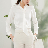 晚白2021春季新品简约纯色系带V领长袖休闲常规上衣衬衫衬衣女