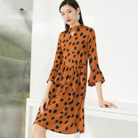 晚白2021春季新品休闲减龄波点印花立领喇叭袖A字雪纺裙连衣裙女