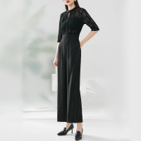 晚白2021春季新品修身显瘦假两件纯色高腰简约蕾丝连体裤阔腿裤女