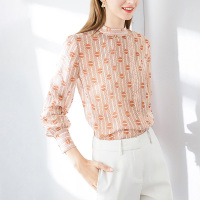 晚白2021春季新品百搭减龄立领长袖印花休闲时尚淑女衬衫衬衣女