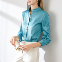 晚白2021春季新品时尚简约通勤纯色立领长袖休闲单排扣衬衫衬衣女
