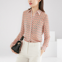晚白2021春季新品通勤印花翻领长袖百搭碎花雪纺衫淑女衬衫衬衣女
