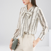 晚白2021春季新品显瘦竖条纹系带V领长袖雪纺衫通勤衬衫衬衣女
