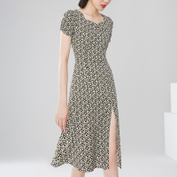 晚白2021秋季新品通勤简约修身高腰V领短袖印花开叉复古连衣裙女