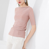 晚白2021秋款新品修身显瘦一字领中袖T恤简约百搭通勤打底衫女