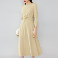 晚白2021秋季新品修身高腰纯色圆领长袖衬衫裙通勤长裙连衣裙女