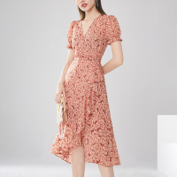 晚白2021秋季新品修身高腰V领短袖荷叶边碎花裙通勤淑女连衣裙女