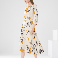 晚白2021秋季新品修身高腰印花通勤淑女百搭衬衫裙简约连衣裙女