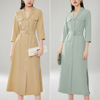 晚白2021秋季新品简约纯色通勤修身高腰衬衫裙百搭休闲连衣裙女