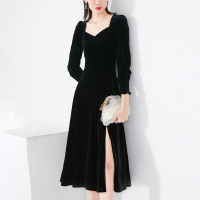 晚白2021秋季新品修身高腰V领长袖丝绒裙通勤长裙开叉A字连衣裙