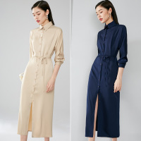 晚白2021秋季新品修身显瘦简约纯色翻领长袖衬衫裙通勤连衣裙女