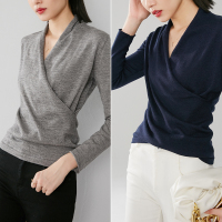 晚白2021秋季新品修身显瘦简约纯色交叉V领长袖打底衫针织衫女