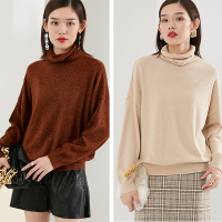 晚白2021秋新品时尚通勤百搭高领长袖宽松休闲毛衣打底衫针织衫女