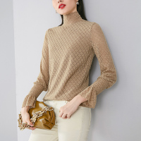 晚白2021秋季新品淑女通勤纯色立领公主长袖蕾丝衫T恤打底衫女