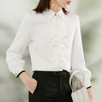 晚白2021秋季新品名媛淑女翻领荷叶边常规休闲加绒上衣衬衫衬衣女