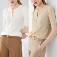 晚白2021秋季新品修身显瘦纯色圆领短袖通勤薄针织冰丝T恤衫女