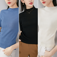 晚白2021秋季新品修身显瘦立领短袖T恤西装内搭打底衫薄针织衫女