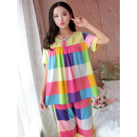 蓝旗BLUEG 女士薄款睡衣人棉短袖家居服 人棉套装FS1601五彩格