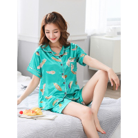 蓝旗BLUEG 女士雪纺冰丝睡衣夏季短袖两件套家居服 印花双短套装FS维密羽毛绿色