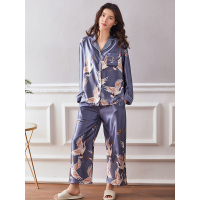 蓝旗BLUEG 女士薄款冰丝长袖家居服 长袖冰丝套装 FS9001灰色鹤