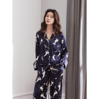 蓝旗BLUEG 女士薄款冰丝长袖家居服 长袖冰丝套装 FS9001蓝色底白鹤