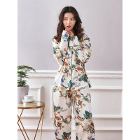 蓝旗BLUEG 女士薄款冰丝长袖家居服 长袖冰丝套装FS9012白色