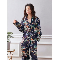 蓝旗BLUEG 女士薄款冰丝长袖家居服 长袖冰丝套装FS9012黑色