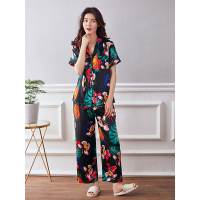 蓝旗BLUEG 女士薄款冰丝短袖家居服 短袖冰丝套装FS8003黑色