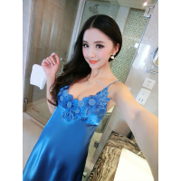 蓝旗BLUEG 性感吊带内衣女深V仿真丝少女睡衣蕾丝家居服 单吊带FS9013蓝色