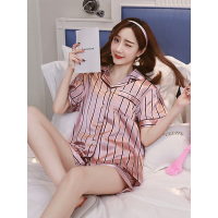 蓝旗BLUEG 夏季短袖短裤仿真丝印花两件套睡衣休闲家居服 双短套装LT粉条纹短袖