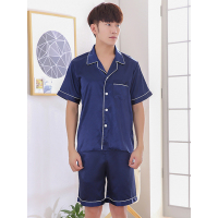 蓝旗BLUEG 男士夏季短袖短裤仿真丝纯色情侣款两件套睡衣休闲家居服 双短套装LT短袖藏青