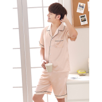 蓝旗BLUEG 男士夏季短袖短裤仿真丝纯色情侣款两件套睡衣休闲家居服 双短套装LT短袖香槟