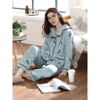 蓝旗BLUEG 女士法兰绒维密开衫墨绿小铅笔睡衣 FS1801W075