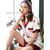蓝旗 冰丝睡衣女夏季短袖两件套装性感薄款韩版女士仿真丝家居服-1