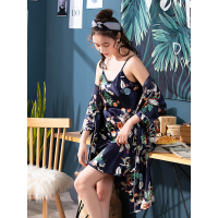 BLUEG冰丝睡衣女春夏季长袖两件套装性感薄款韩版夏天女士仿真丝绸家居服吊带+外衫