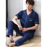 蓝旗/BLUEG睡衣男士夏季纯棉短袖长裤家居服全棉开衫加大码宽松男睡衣套装