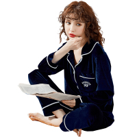 蓝旗(BLUEG) 韩版金丝绒睡衣女春秋薄绒翻领开衫纯色长袖长裤家居服两件套装