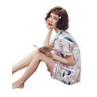 蓝旗(BLUEG) 冰丝睡衣女夏季薄款短袖套装仿真丝绸女士丝质家居服套装