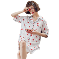 蓝旗(BLUEG) 冰丝睡衣女夏季短裙仿真丝绸女士丝质翻领开衫睡裙