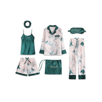 蓝旗(BLUEG)七件套睡衣女夏冰丝可爱吊带丝绸家居服可外穿套装